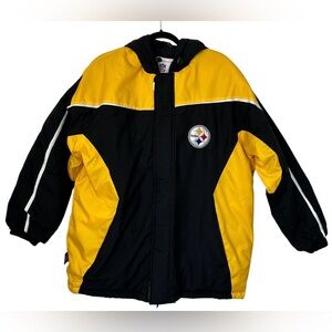 NFL Men’s Pittsburgh Steelers Jacket Windbreaker Black Gold Logos Warm Hood‎ L